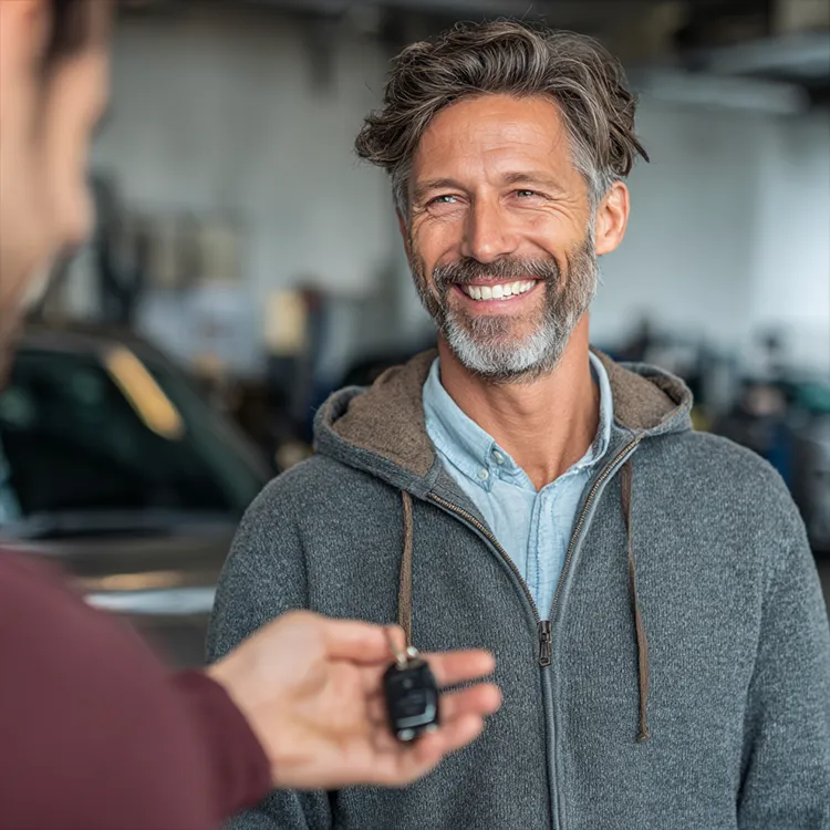 Mercedes-Benz Ersatzschlüssel – Übergabe Autoschlüssel nachmachen Mercedes-Benz – zufriedener Kunde erhält neuen Fahrzeugschlüssel